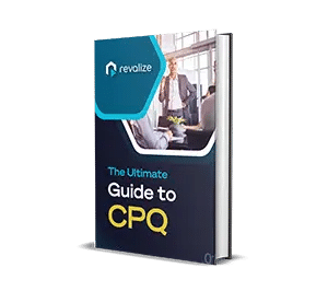 3D-rendered book titled The Ultimate Guide to CPQ by Revalize, featuring a business meeting scene on the cover and highlighting the power of a CPQ configurator for streamlined sales processes.