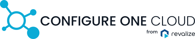 Logo for Configure One Cloud from Revalize, featuring a blue molecular network graphic to the left of the text.