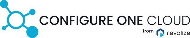 Logo for Configure One Cloud from Revalize, featuring a blue molecular network graphic to the left of the text.