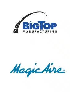 Logos for two companies: Big Top Manufacturing with a black arch above the text, and Magic Aire written in blue cursive font below.
