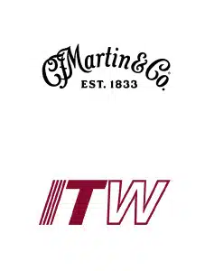 Logos of C.F. Martin & Co. with EST. 1833 in black script above, and ITW in red block letters below, displayed on a white background.