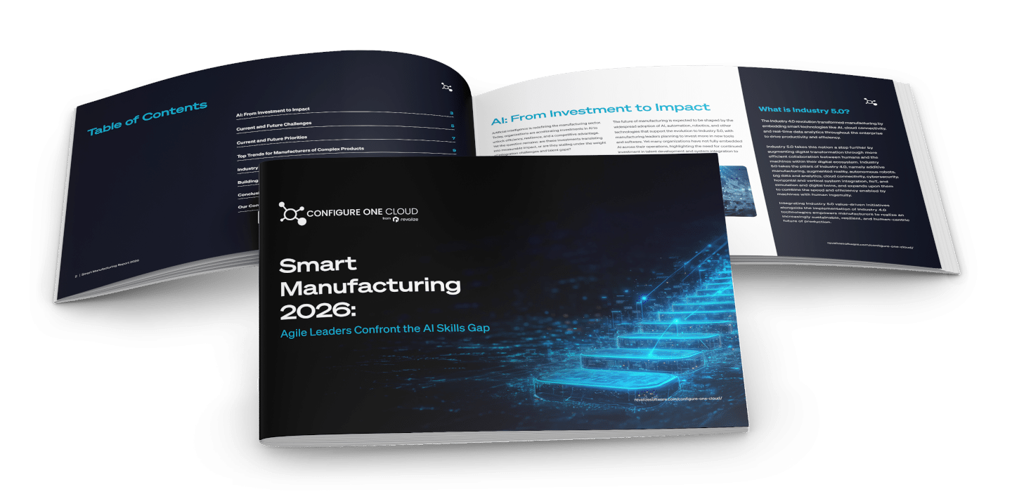 A booklet titled Smart Manufacturing 2026: Agile Leaders Confront the AI Skills Gap displayed with its cover and two inside pages visible.
