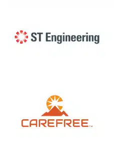 Logos for ST Engineering and Carefree, each with a distinct design; ST Engineering has a red symbol, while Carefree features an orange sun above mountains.