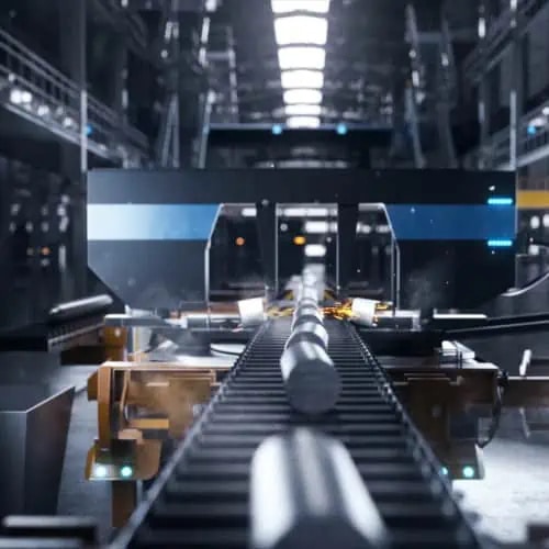 A modern automated factory production line with conveyor belts and robotic machinery moving cylindrical metal objects in a large industrial facility.