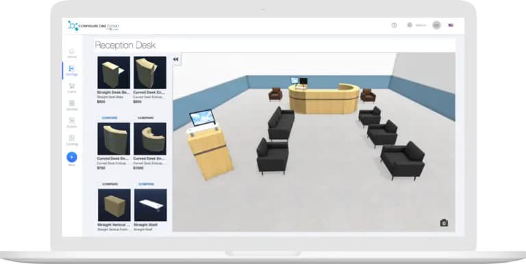 A computer screen displays 3D design software with a virtual office layout, featuring a reception desk and seating area, and a sidebar showing furniture options.