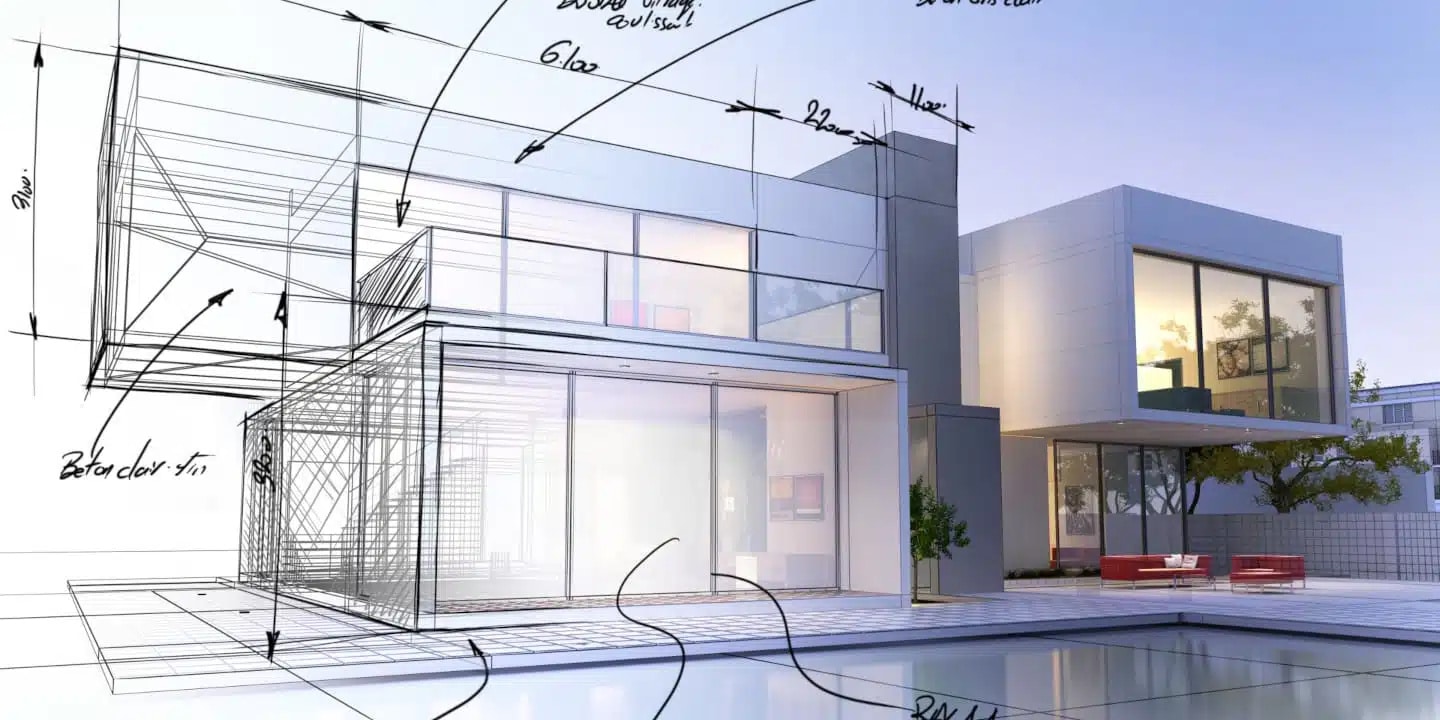 Modern house next to a pool with architectural sketches and measurements overlaid on the image, showing a blend of design and finished structure.