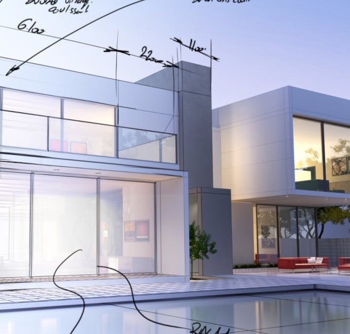 Modern glass-walled house with a pool in the foreground, overlaid with architectural sketches and handwritten measurements.