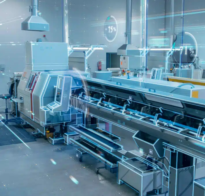 Modern automated factory with advanced machinery and digital overlays displaying data and system percentages, illustrating an industrial production environment.