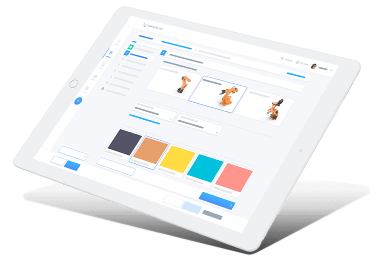 A white tablet displaying a design or editing software interface with image thumbnails and color swatches on the screen.