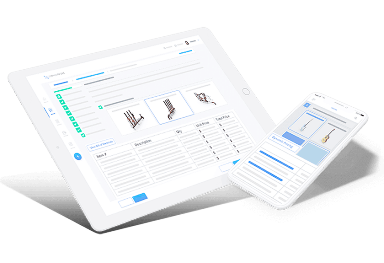 A tablet and smartphone displaying inventory management software interfaces with item images, descriptions, and data fields on both screens.