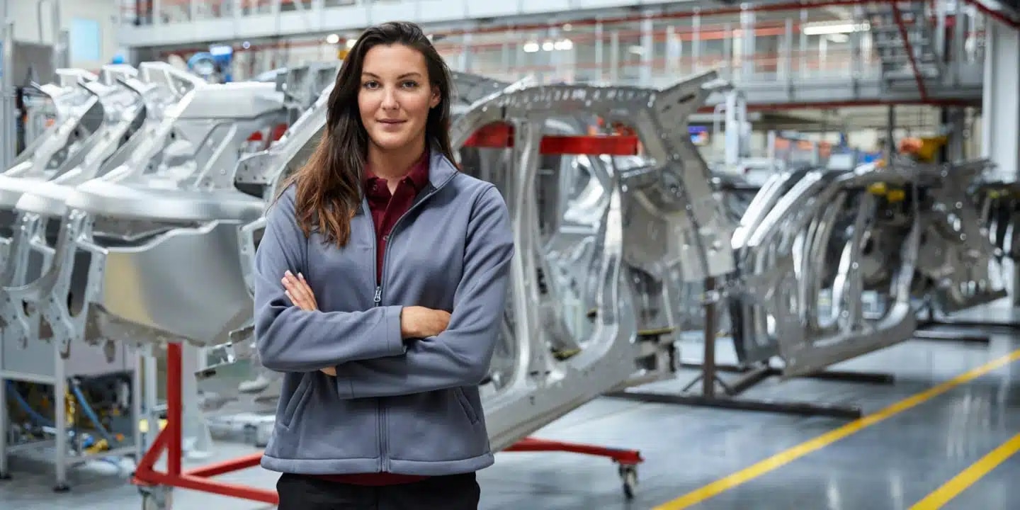 A woman with long brown hair, wearing a gray jacket, stands with arms crossed in an automotive manufacturing facility with car frames in the background.