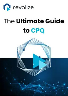 Cover page of a guide titled The Ultimate Guide to CPQ by Revalize, featuring geometric shapes and a blue digital network graphic.