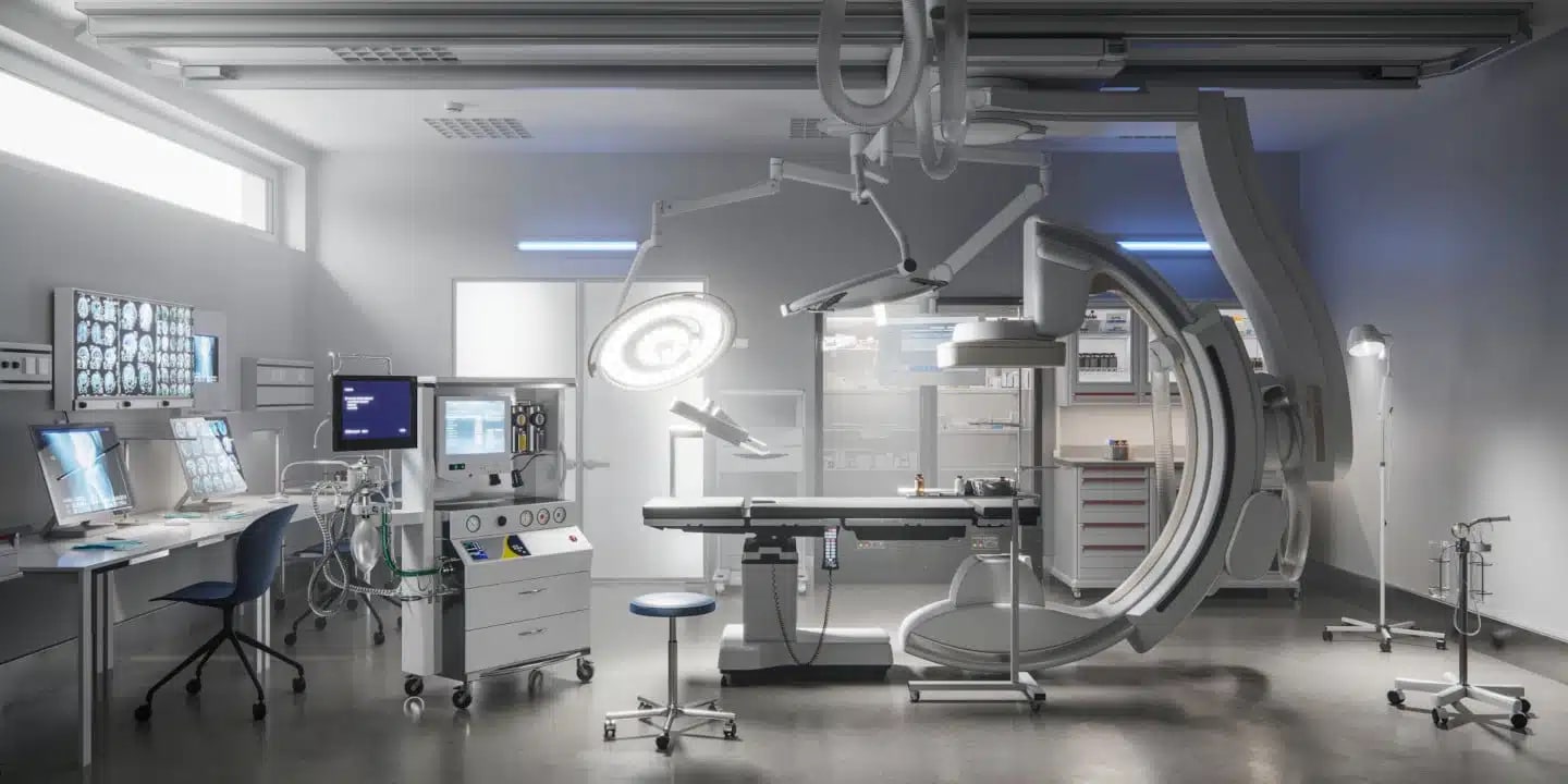 A modern hospital operating room with advanced medical equipment, monitors, an operating table, surgical lights, and computers along one wall.