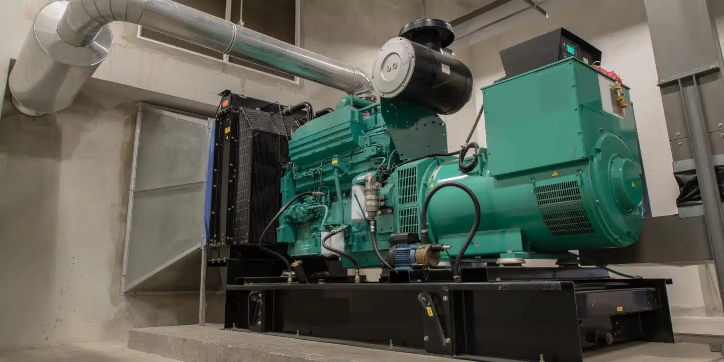 A large industrial diesel generator with green and black components sits on a concrete platform in an indoor facility, connected to ventilation ducts.