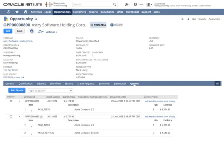 Screenshot of Oracle NetSuite showing an active sales opportunity for Asty Software Holding Corp., displaying opportunity details, status, and two listed quotes with descriptions and amounts.