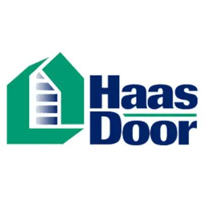 Haas Door logo featuring a green house outline with a white and gray door graphic, next to the blue text Haas Door underlined in green.