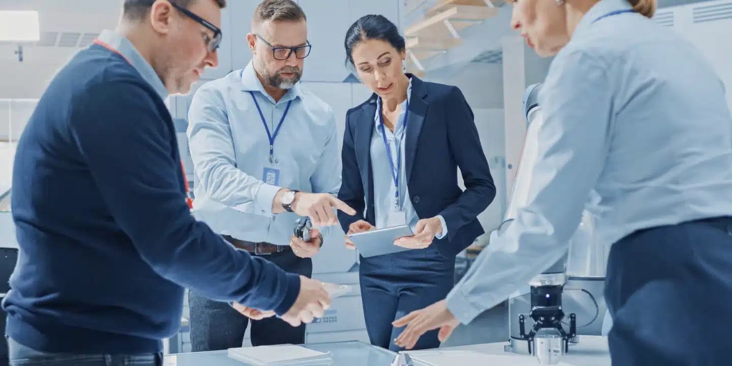 Four professionals stand around a table in an office, reviewing documents and a tablet during a meeting.