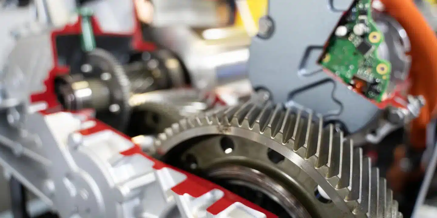 Close-up of mechanical gears and a circuit board inside a partially disassembled machine, showing detailed metal teeth and electronic components.