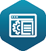 Blue hexagon icon showing a web browser window with a gear and document, representing website or software settings.