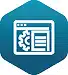 Blue hexagon icon showing a web browser window with a gear and document, representing website or software settings.