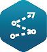 White icon of a dotted path with circles at turns and an arrow at the end, on a blue hexagonal background.