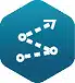 White icon of a dotted path with circles at turns and an arrow at the end, on a blue hexagonal background.