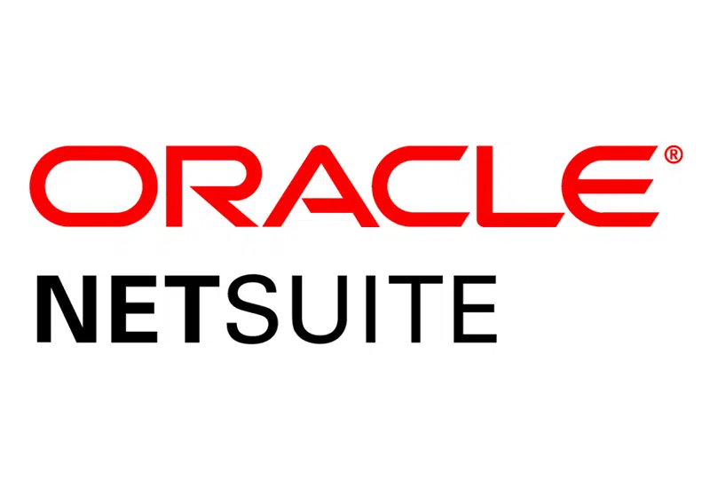 Oracle NetSuite logo featuring ORACLE in bold red uppercase letters above NETSUITE in black uppercase letters on a white background.