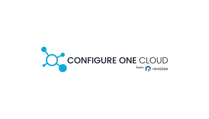 Logo with blue network icon, text CONFIGURE ONE CLOUD from Revalize on a light background.