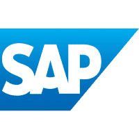 SAP logo featuring bold white letters SAP on a blue background with a right-pointing triangular shape.
