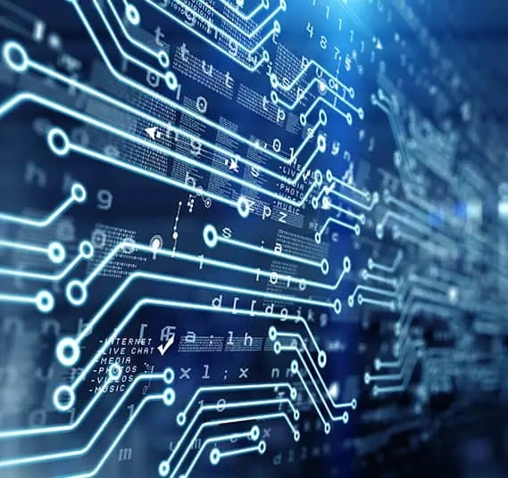 Close-up view of illuminated blue electronic circuit traces and components resembling a futuristic digital interface or computer motherboard.