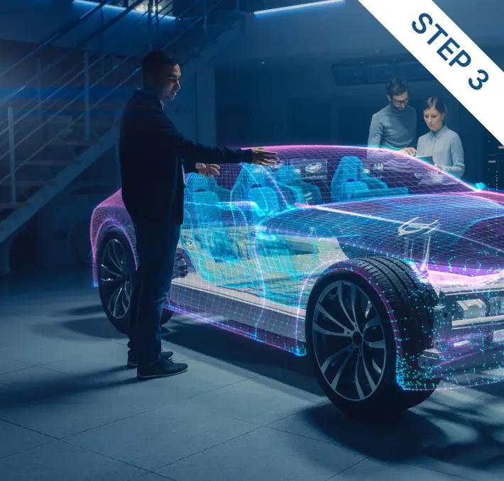 A man interacts with a virtual holographic car model while two people work at a desk in the background; a banner in the corner reads STEP 3.