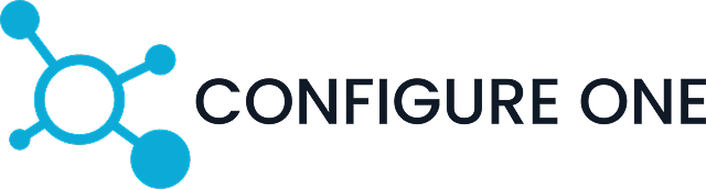 Configure One logo featuring a blue molecular-style icon to the left of the company name in black text on a light background.