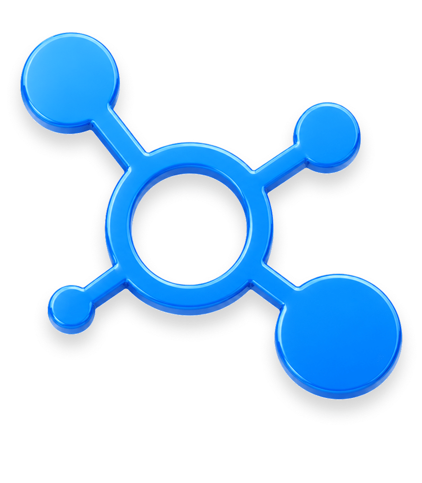 A blue, abstract shape with a central ring and three arms, each ending in a circular node, on a white background.