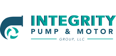 Logo for Integrity Pump & Motor Group, LLC, featuring a stylized pump icon to the left of the company name in teal and dark blue text.