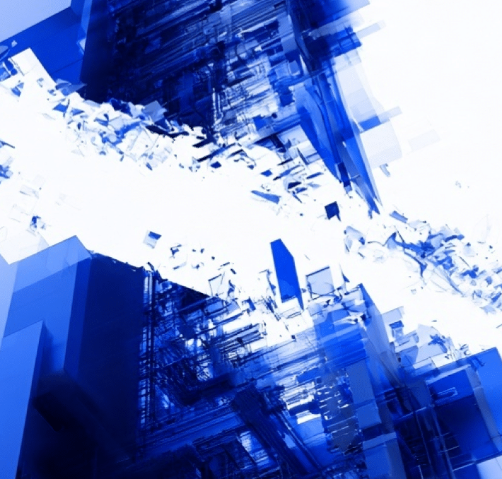 Abstract digital artwork featuring sharp blue geometric shapes intersected by a bold white diagonal stripe, creating a dynamic and modern composition reminiscent of the precision found in ETO quoting accuracy.