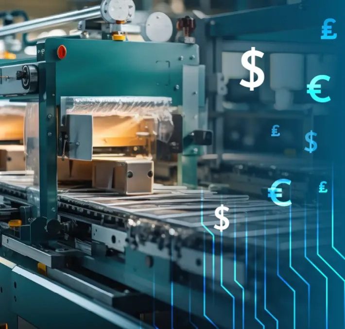 Automated manufacturing machine on a production line with digital overlays of currency symbols, representing industrial automation and financial technology.