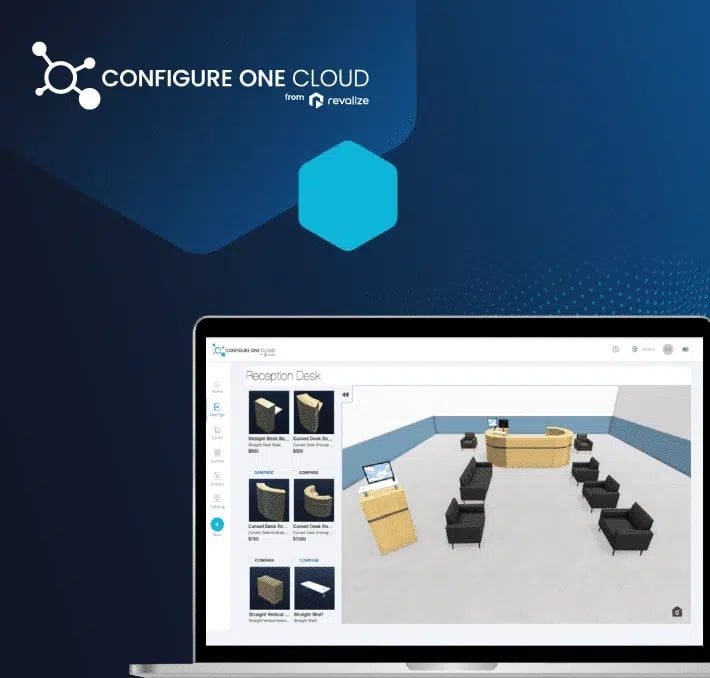 A laptop screen displays 3D floor space planning and furniture configuration software, with the Configure One Cloud logo and branding in the background.