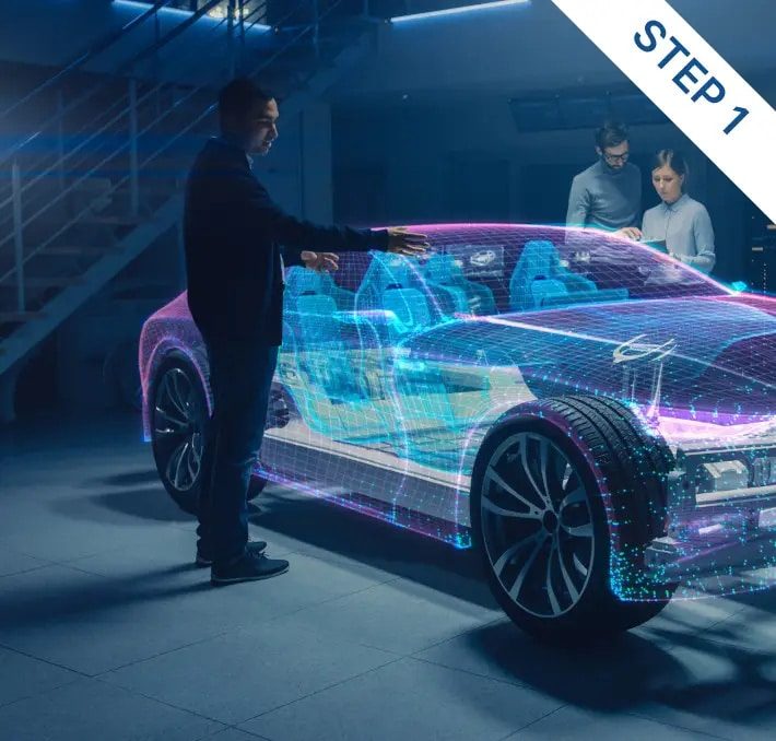 A man interacts with a holographic car projection while two people review documents at a nearby table in a modern workspace. STEP 1 is written in the corner.