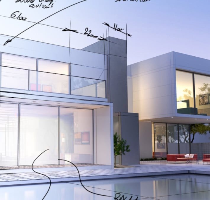 Modern glass-walled house with a pool in the foreground, overlaid with architectural sketches and handwritten measurements.