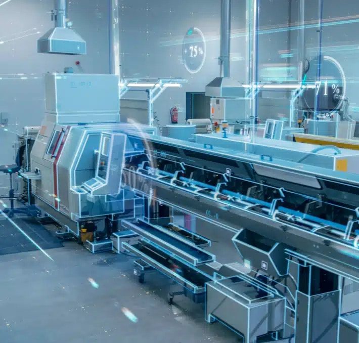 Modern automated factory with advanced machinery and digital overlays displaying data and system percentages, illustrating an industrial production environment.