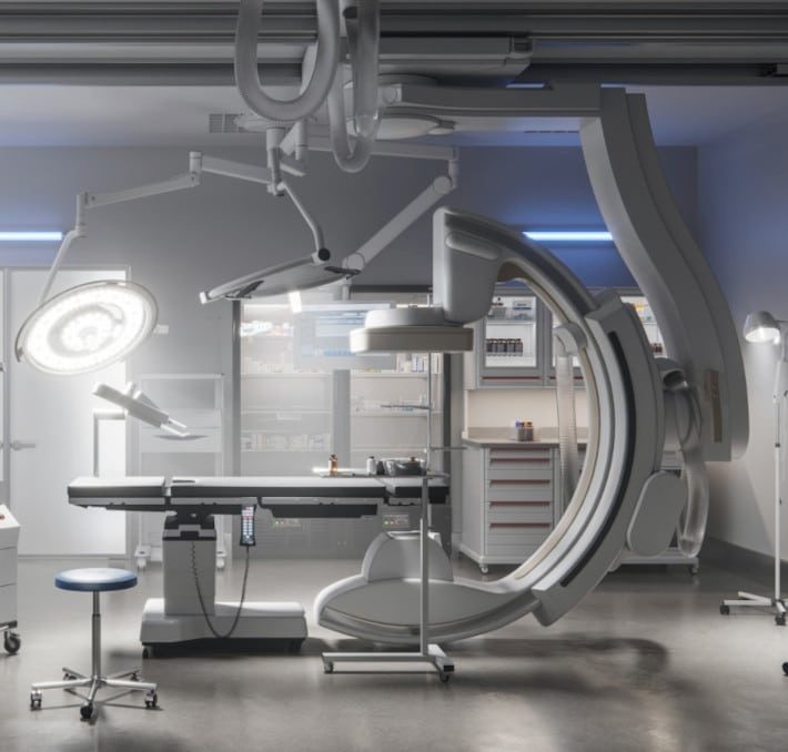 A modern hospital operating room equipped with advanced medical imaging devices, surgical table, overhead lights, and organized storage cabinets.