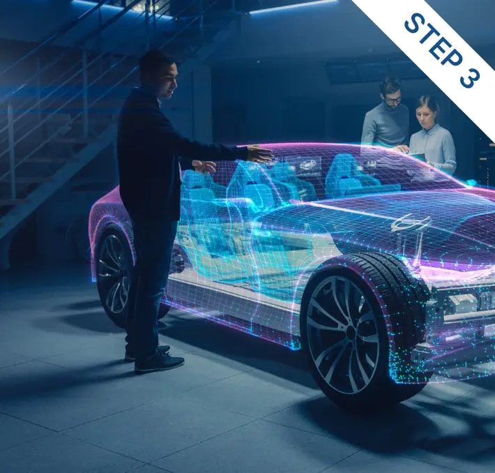 A man interacts with a virtual holographic car model while two people work at a desk in the background; a banner in the corner reads STEP 3.